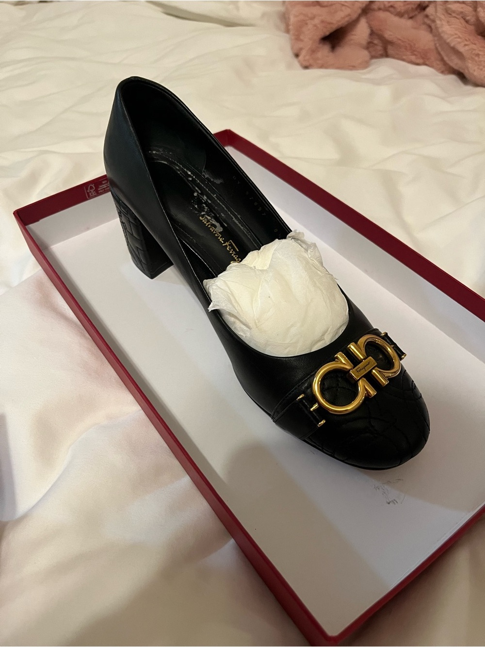 Salvatore Ferragamo Black Quilted Block Heel Pump
